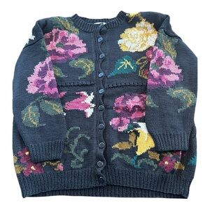 Vintage Express Floral Knit Cardigan Sweater Wabi Sabi Very Oversized Small Y2K